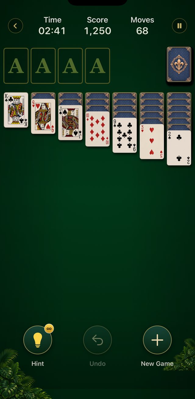 A Klondike deal in progress in Solitaire Classics on iPhone, showing four foundation slots, seven tableau columns and the time, score and moves counters.